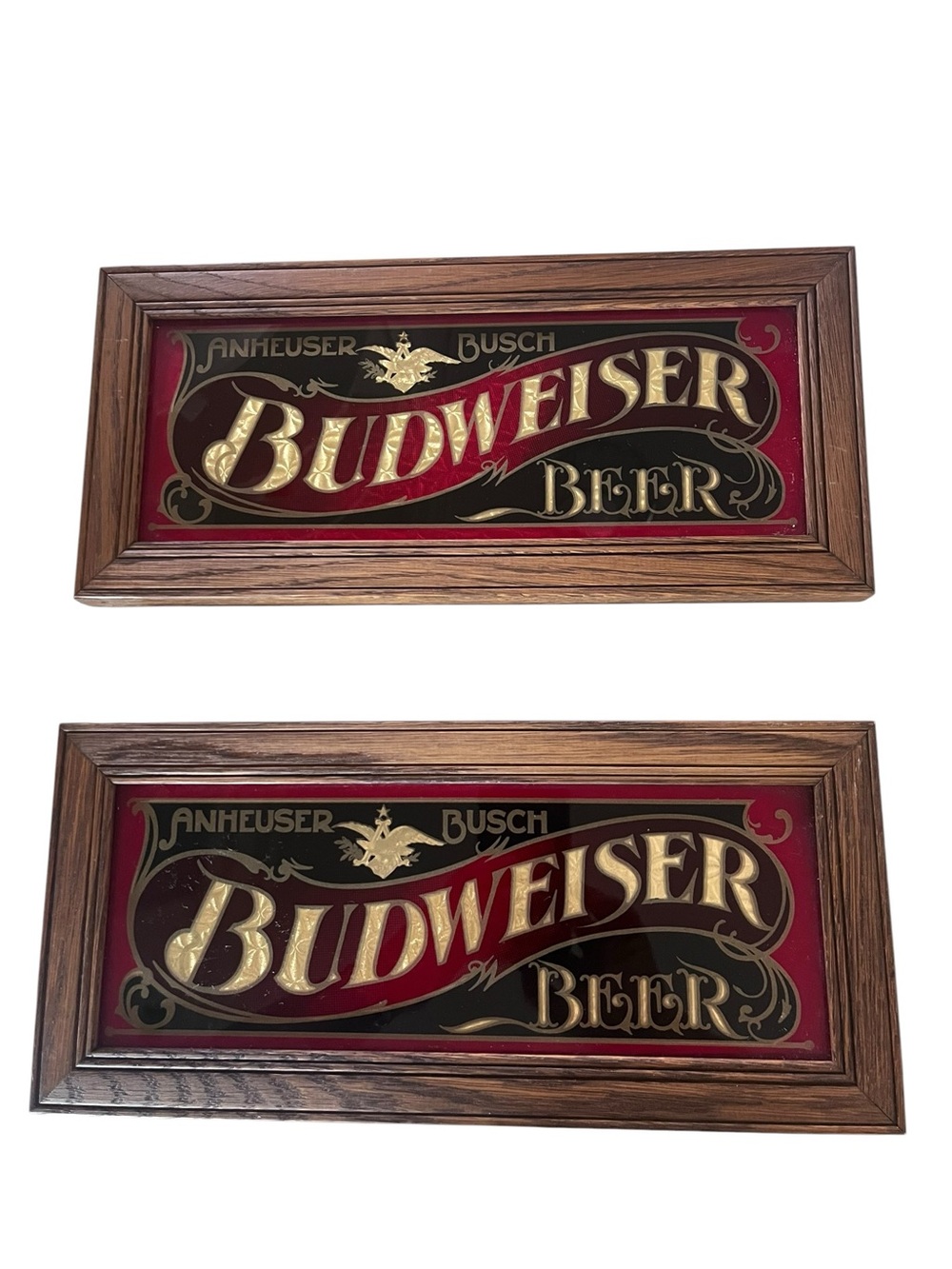 Rare 1975 Anheuser
Busch BUDWEISER Beer
HENSLEY Co. Wood
Framed Glass Bar Sign